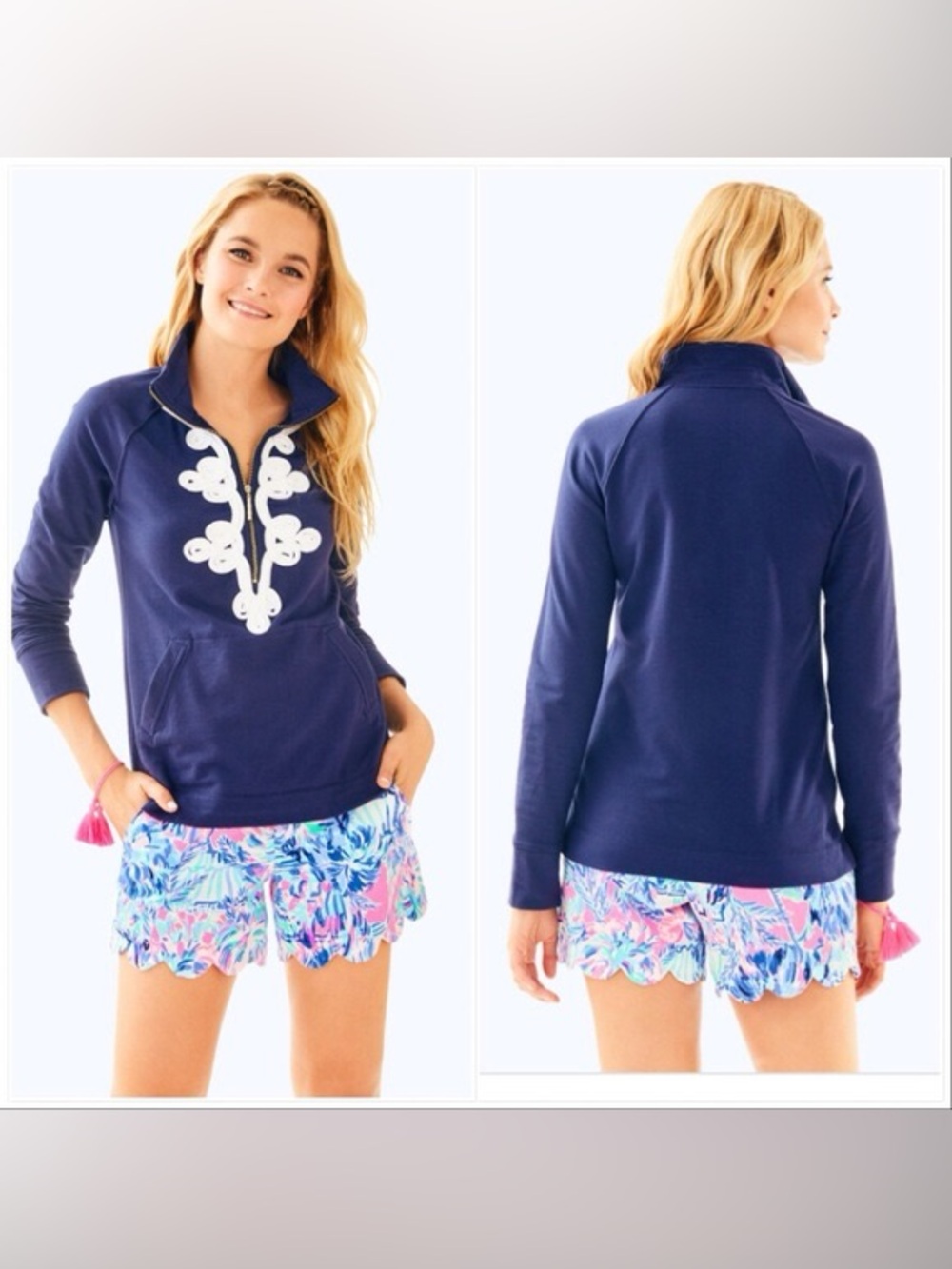 Lilly Pulitzer Skipper Popover Sweatshirt, Size Small (S) Navy White Soutache